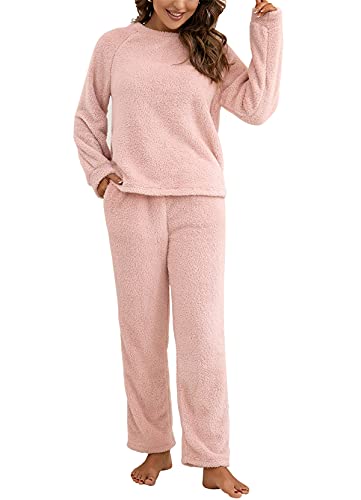 Dreamskull Schlafanzug Pyjama Damen Teddy Fleece Zweiteiler Hausanzug Kuschelig Flauschig Plüsch Lang Frottee Winter Warm Anzug Set Schlafen Nachtwäsche Zweiteilig mit Taschen (Rosa, L) von Dreamskull