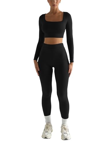 Dreamskull Sportanzug Trainingsanzug Damen Frauen 2 Teiler Bauchfrei Eng Yoga Gym Fitness Sport Anzug Kleidung Zweiteiler Damen Set Sale Sportwear Langarm Crop Top Oberteil Leggings Joggingsanzug von Dreamskull