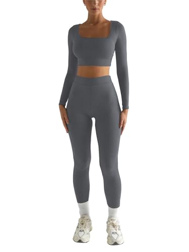 Dreamskull Sportanzug Trainingsanzug Damen Frauen 2 Teiler Bauchfrei Eng Yoga Gym Fitness Sport Anzug Kleidung Zweiteiler Damen Set Sale Sportwear Langarm Crop Top Oberteil Leggings Joggingsanzug von Dreamskull