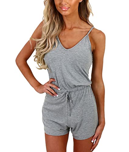 Dreamskull Träger Jumpsuit Overall Einteiler Romper Hosenanzug Kurz Rückenfrei Ärmellos V Ausschnitt Spagettiträger Stretch Locker Damen Frauen(L, Grau) von Dreamskull