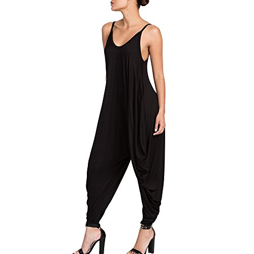 Dreamskull Träger Jumpsuit Overall Playsuit Einteiler One Piece Romper Hosenanzug Lang Spagetti Träger Harem Stretch Locker Damen Frauen(XL, Schwarz) von Dreamskull