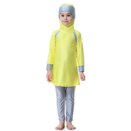 Mädchen Kinder Muslim Muslimische Islamische Badeanzug Schwimmanzug Burkini Bademode Badebekleidung Schwimmbekleidung Hijab Langarm Abaya Dubai Arabisch Türkisch Kleidung 80-160cm (140cm, Gelb) von Dreamskull