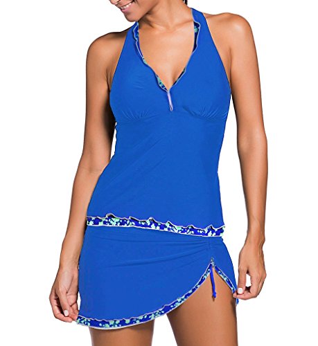 Dreamsoar Damen-Tankini, Racerback, Bauchkontrolle, zweiteilig, Vintage-Badeanzug, Blumendruck, Blau, 16 von Dreamsoar