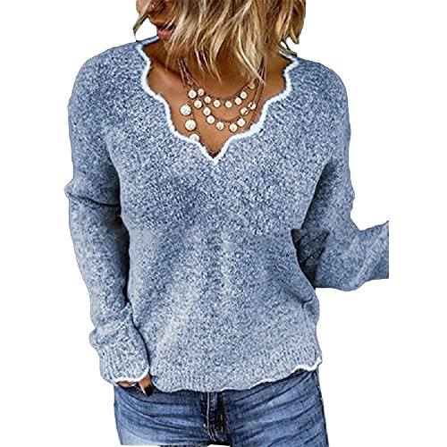 Dreamsy2019 Damen Pullover Langarm V-Ausschnitt Strickpullover Pullover Slim Tops S-5XL,Blau,XL von Dreamsy2019