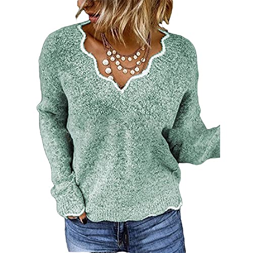 Dreamsy2019 Damen Pullover Langarm V-Ausschnitt Strickpullover Pullover Slim Tops S-5XL,Grün,5XL von Dreamsy2019