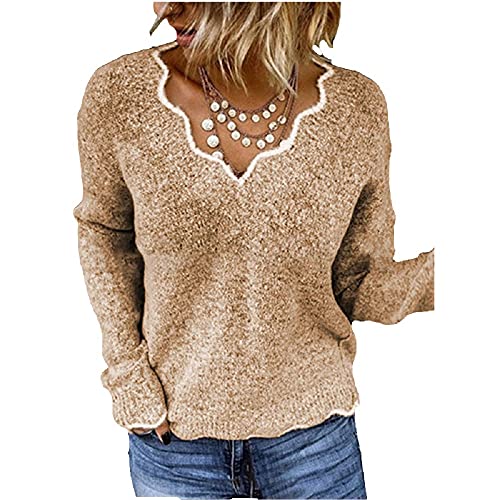 Dreamsy2019 Damen Pullover Langarm V-Ausschnitt Strickpullover Pullover Slim Tops S-5XL,Khaki,5XL von Dreamsy2019