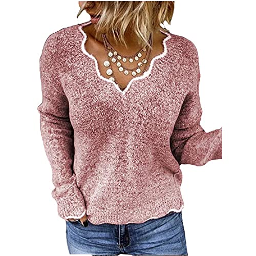 Dreamsy2019 Damen Pullover Langarm V-Ausschnitt Strickpullover Pullover Slim Tops S-5XL,Rosa,M von Dreamsy2019