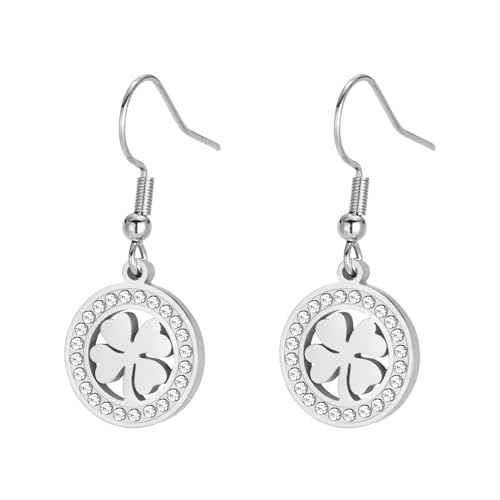 Dreamtime Vierblättrige Kleeblatt Ohrringe für Frauen Glücksanhänger Ohrringe Vierblättriges Kleeblatt Herzförmiger Ohrring Mode Edelstahlschmuck (Silber) von Dreamtimes