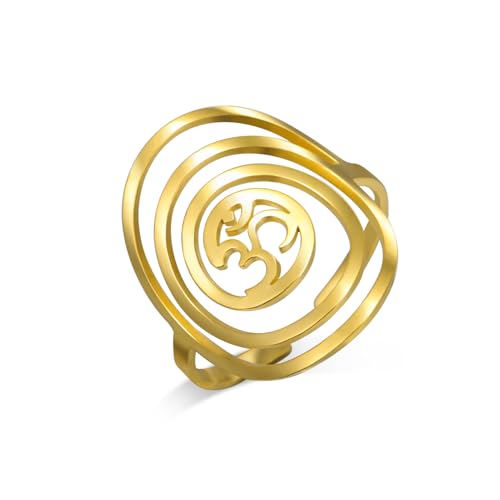 Dreamtimes Aom Om Ohm Siegelring Edelstahl Heiliges Symbol Geometrischer Kreis Design Spiritueller Schmuck Verstellbarer Unisex Ring für Männer & Frauen (Gold) von Dreamtimes