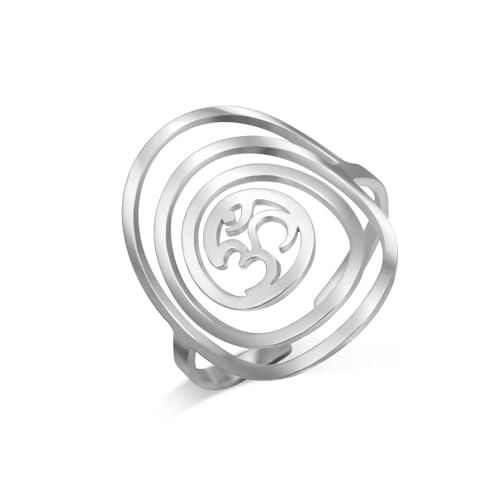 Dreamtimes Aom Om Ohm Siegelring Edelstahl Heiliges Symbol Geometrischer Kreis Design Spiritueller Schmuck Verstellbarer Unisex Ring für Männer & Frauen (Silber) von Dreamtimes