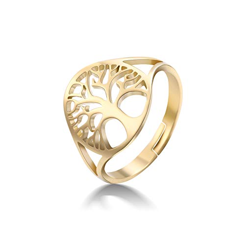 Dreamtimes Baum des Lebens Hohler Ring Hochglanzpolierter Edelstahl Hohler Ring Öffnung Einstellbar Einfaches Rundes Design Modeschmuck Ehering Wikinger Glücksring für Damen und Herren (Gold) von Dreamtimes