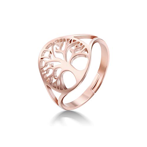 Dreamtimes Baum des Lebens Hohler Ring Hochglanzpolierter Edelstahl Hohler Ring Öffnung Einstellbar Einfaches Rundes Design Modeschmuck Ehering Wikinger Glücksring für Damen und Herren (Roségold) von Dreamtimes