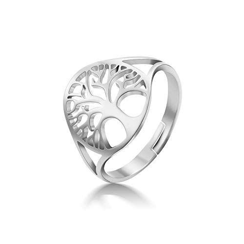 Dreamtimes Baum des Lebens Hohler Ring Hochglanzpolierter Edelstahl Hohler Ring Öffnung Einstellbar Einfaches Rundes Design Modeschmuck Ehering Wikinger Glücksring für Damen und Herren (Silber-) von Dreamtimes