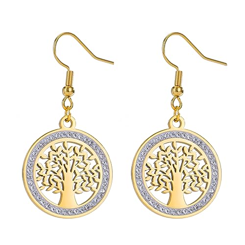 Dreamtimes Baum des Lebens Ohrringe für Frauen Edelstahl klar Gold Zirkon Runde Ohrringe Familie Baum Mode Hochzeit Geschenk Charme Luxus Schmuck (Gold) von Dreamtimes