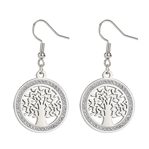 Dreamtimes Baum des Lebens Ohrringe für Frauen Edelstahl klar Gold Zirkon Runde Ohrringe Familie Baum Mode Hochzeit Geschenk Charme Luxus Schmuck (Silber) von Dreamtimes