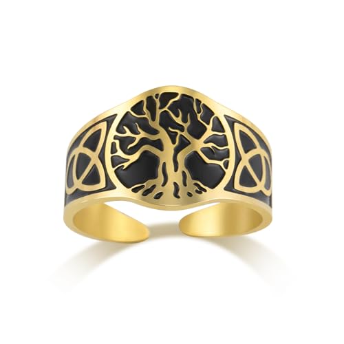 Dreamtimes Baum des Lebens Ring für Männer Frauen einstellbar Vintage Ring Edelstahl Ring Yggdrasil Welt Baum des Lebens Ringe Viking keltischen Knoten Ring Amulett religiösen Schmuck (Schwarz-Gold) von Dreamtimes