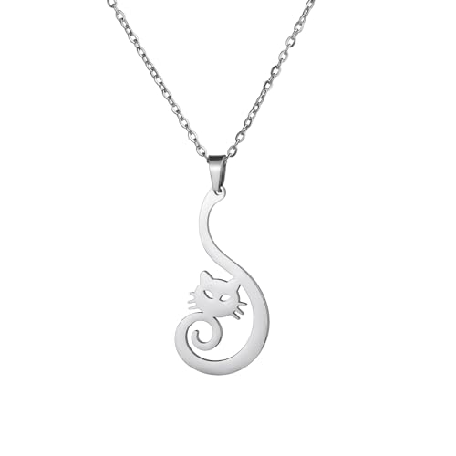 Dreamtimes Cute Cat Anhänger Halskette für Frauen Tierliebhaber Cute Animal Cat Dangle Halskette Cartoon Kitten Dangle Drop Halskette Party Schmuck Geschenke (Silber) von Dreamtimes