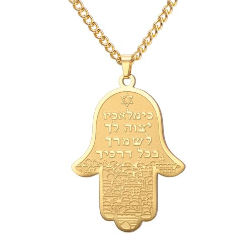 Dreamtimes Hamsa Jerusalem Anhänger Halskette mit Davidstern Edelstahl islamische Hand der Fatima Herz Oval Allah Halsketten Charme Schutz Anhänger Halskette für Frauen Männer (Gold) von Dreamtimes