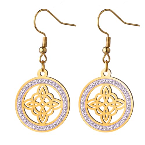 Dreamtimes Hexenknoten Ohrringe für Frauen - Edelstahl Hellgold - Zirkon Runde - Keltische Quaternäre - Hexerei Amulett Schmuck von Dreamtimes