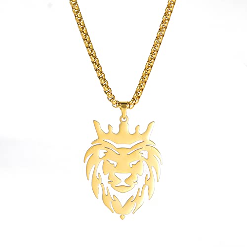 Dreamtimes Löwe mit Königskrone Halsketten für Männer Jungen Punk Tier Edelstahl Anhänger Halskette Herrenkette Modeschmuck Gothic Punk Rock Herren Anhänger Halskette (Gold) von Dreamtimes