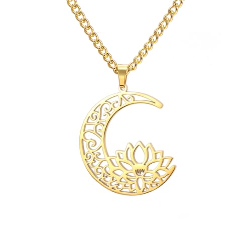 Dreamtimes Lotus Blume Anhänger Halskette für Frauen Lotus Mond Anhänger Halskette Yoga Heilung Charme Amulett Schmuck Edelstahl Buddha Yoga Halskette (Gold) von Dreamtimes