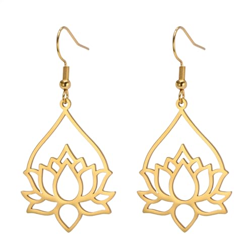 Dreamtimes Lotus Blume baumelnden Ohrringe für Frauen Ohrringe mit Heilung Charms Yoga Unalome Symbol Amulett Edelstahl Buddha Yoga-Schmuck (Gold) von Dreamtimes