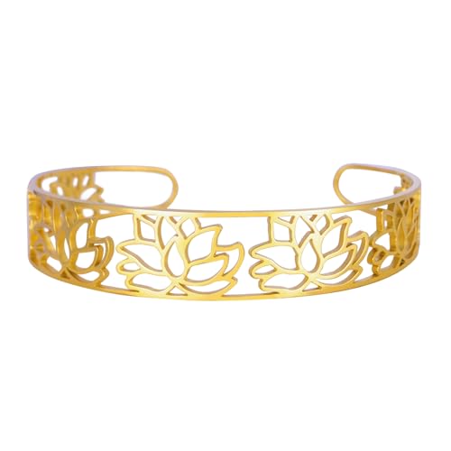 Dreamtimes Lotus Open Cuff Bangle Armband Edelstahl Lotusarmband Elegantes, hohl geschnitztes, verstellbares Armband für Frauen Boho Floral Jewelry (Gold) von Dreamtimes