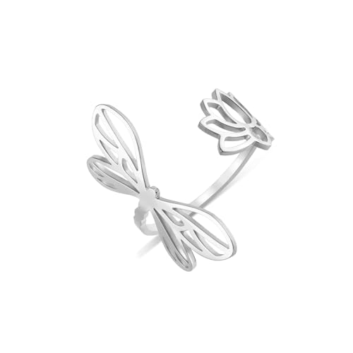 Dreamtimes Lotusblüte Blume Ringe für Frauen Libelle Ring Inspiration Lotus Blume Ringe Offen Einstellbare Finger Ring Vintage Schmuck Buddha Yoga Ring Ehering Weihnachtsgeschenke (S-Libellen) von Dreamtimes