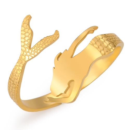 Dreamtimes Meerjungfrau Ring Verstellbarer Edelstahl Märchenhafte kleine Meerjungfrau Wickelringe für Frauen zierliche stapelbare Ringe einstellbarer niedlicher Ring (Gold) von Dreamtimes