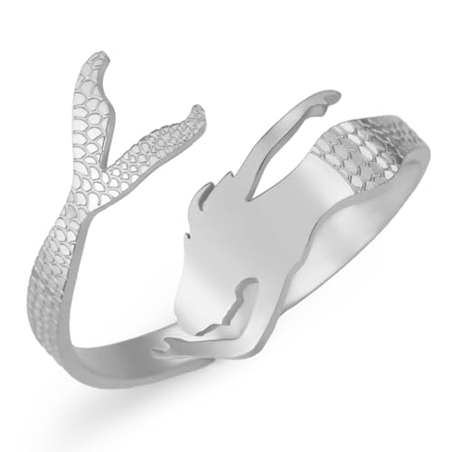 Dreamtimes Meerjungfrau Ring Verstellbarer Edelstahl Märchenhafte kleine Meerjungfrau Wickelringe für Frauen zierliche stapelbare Ringe einstellbarer niedlicher Ring (Silber) von Dreamtimes