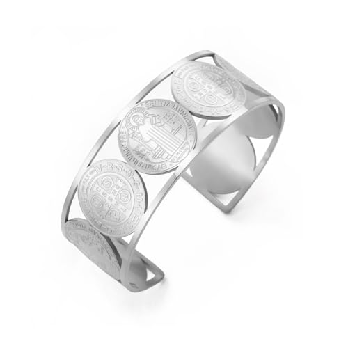Dreamtimes Saint Benedict Verstellbares Edelstahlarmband für Männer Frauen Kreuz St. Benedict Religiöser Christlicher Manschettenknopf Eleganter Religiöser Schmuck mit Spirituellem Schutz (Silber) von Dreamtimes