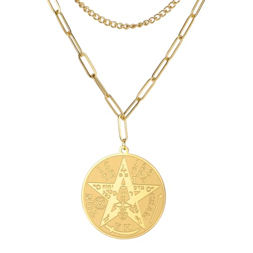 Dreamtimes Tetragrammaton Anhänger Pentagramm Halskette für Männer Frauen Wiccan Schutz Amulett Pentagramm Stern Halskette Salomon Edelstahl Amulett Energie Anhänger Halskette (Gold-Doppelkette) von Dreamtimes