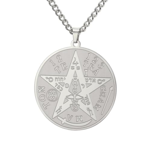 Dreamtimes Tetragrammaton Anhänger Pentagramm Halskette für Männer Frauen Wiccan Schutz Amulett Pentagramm Stern Halskette Salomon Edelstahl Amulett Energie Anhänger Halskette (Silber) von Dreamtimes