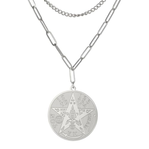 Dreamtimes Tetragrammaton Anhänger Pentagramm Halskette für Männer Frauen Wiccan Schutz Amulett Pentagramm Stern Halskette Salomon Edelstahl Amulett Energie Anhänger Halskette (Silberne Doppelkette) von Dreamtimes