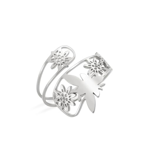 Dreamtimes Vintage Biene Ringe Einstellbare Bienen Blume Löffel Ringe für Frauen Sonnenblume Biene Ring Daumen Honig Ringe Edelstahl Wrap Open Rings Tierschmuck (Silber) von Dreamtimes