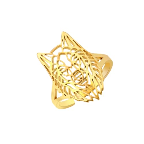 Dreamtimes Vintage Wolf Kopf Biker Ring Schmuck Edelstahl Ring Norse Viking Ringe Wizard Warrior Hunter Wolf Ring Adjustable Thumb Open Ring Blank Animal Rings for Women Mens Gift (Gold) von Dreamtimes