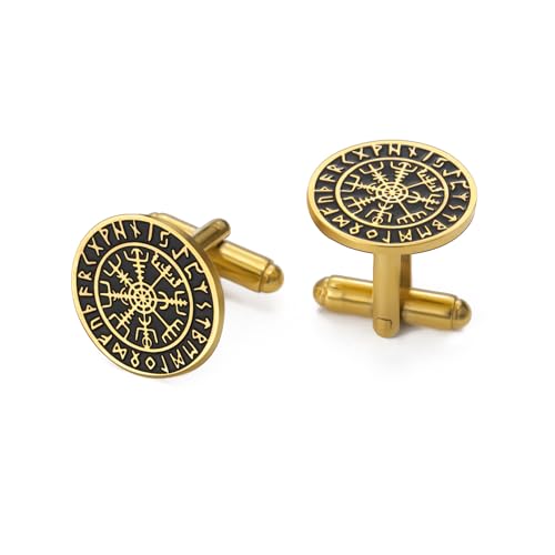 Dreamtimes Wikinger Runen Mythisch Nordisch Vegvisir Manschettenknöpfe Edelstahl Wikinger Kompass Manschettenknöpfe Klassisch Graviert Wikingerschmuck für Vater Männer (Gold) von Dreamtimes