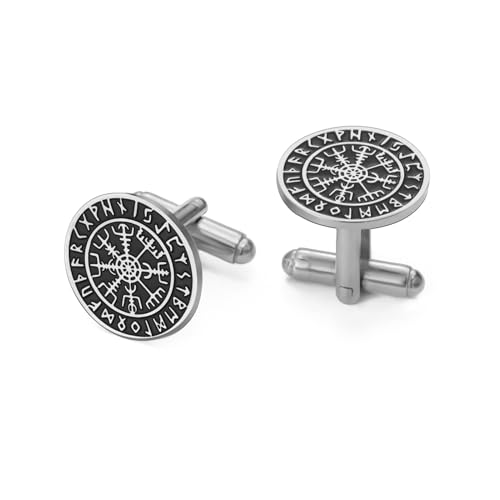 Dreamtimes Wikinger Runen Mythisch Nordisch Vegvisir Manschettenknöpfe Edelstahl Wikinger Kompass Manschettenknöpfe Klassisch Graviert Wikingerschmuck für Vater Männer (Silber) von Dreamtimes