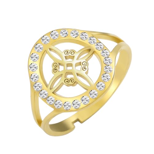 Dreamtimes Witch Knot Ring für Frauen keltischen quaternären Wiccan Hexen Knoten Ring Edelstahl einstellbar offene Finger Ringe mit klaren Zirkon Runde Witchcraft Amulett Schmuck (Gold) von Dreamtimes