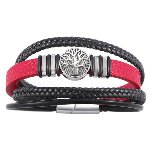 Dreamtimes Yggdrasil Welt Baum des Lebens Armband Herren Lederarmband Mehrschichtige geflochtene religiöse Herren Manschette Armbänder Legierung Wikinger Manschette Armreif für Frauen (Rot) von Dreamtimes