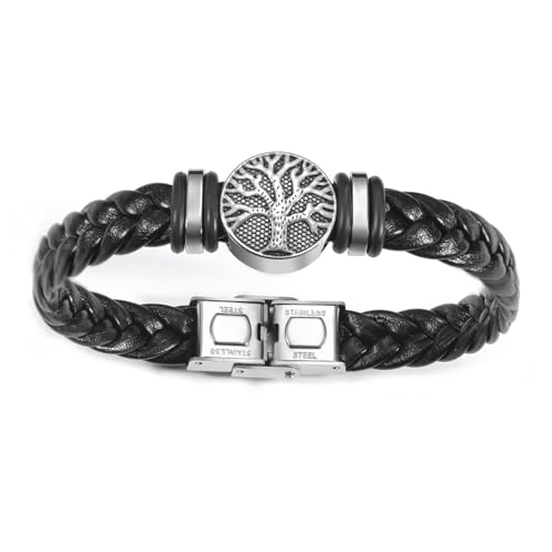 Dreamtimes Yggdrasil Welt Baum des Lebens Armband Herren Lederarmband geflochtene religiöse Herren Manschette Armbänder Legierung Wikinger Manschette Armreif für Frauen Vatertag Schmuck (Schwarz) von Dreamtimes