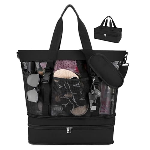 Dreamtop 2-in-1 schwarz Große Strandtasche xxl familie mit Reißverschluss Wasserdichter Kühltasche, Verstärkte Strandtasche 10 Taschen Tote Mesh für Pool Strand Reisen Camping verstellbare Crossbody von Dreamtop
