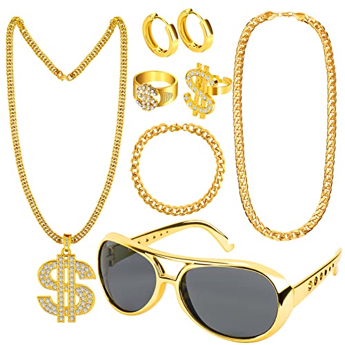 Dreamtop 8 Stück Dollar Kette set Goldene Dollar Halskette Ring Retro Sonnenbrillen Armband Ohrringe Hip Hop Schmuck Accessories Set 80er 90er Hiphop Schmuck Gold Millionär für Men Fasching Karneval von Dreamtop