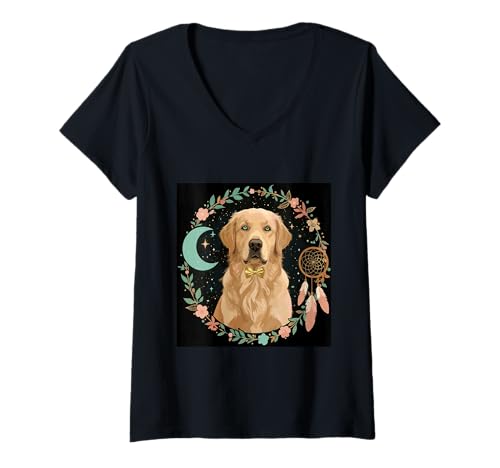 Damen Golden Retriever Hund Mystische Familie T-Shirt mit V-Ausschnitt Damen Golden Retriever Hund Mystische Familie T-Shirt mit V-Ausschnitt von Dreamy Dog Under Moonlight Happy Retriever