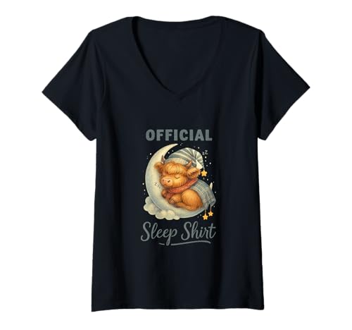 Damen Official Sleep Squad Cute Highland Cow On Moon T-Shirt mit V-Ausschnitt von Dreamy Highland Cow Co.