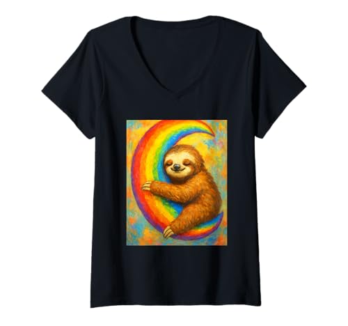 Damen Fröhliches Faultier umarmt Regenbogenmond T-Shirt mit V-Ausschnitt Damen Fröhliches Faultier umarmt Regenbogenmond T-Shirt mit V-Ausschnitt von Dreamy Sloth