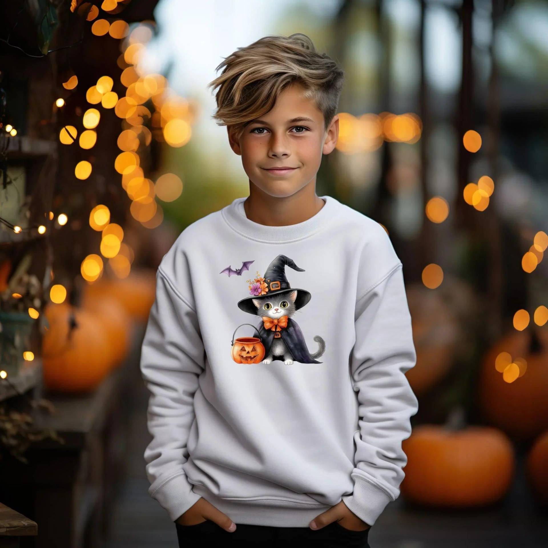 Süßes Halloween Katze Sweatshirt | Herbst Pullover Für Kinder Niedliche Hexenkatze Mit Kürbis Cozy Unisex Mode Outfit von DreamyDesignPrint