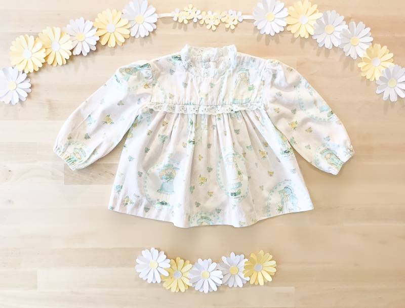 Jahrgang 1970 Mädchen Handgemachte Holly Hobbie Rosa Lange Ärmel Babydoll Bluse, Ausgestellt Mit Öse Trimmen, Fallen Top, Größe 18-24 Monate von DreamyLittleVintage