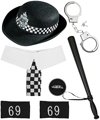 Damen Britischer Polizistin Cosplay Fancy Dress Up Kit ~ Polizeifrauen Hut + Kragen mit Krawatte + Schulterklappen + Handschellen + Polizeistick, UK Polizeiuniform Halloween Thema Party Rollenspiel von Dreamzfit