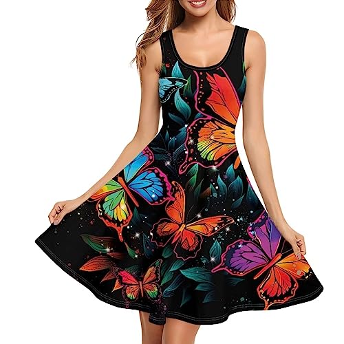 Dreaweet Lässige ärmellose Kleider für Damen und Mädchen, Rundhalsausschnitt, Tankkleider mit Taschen, Sommerkleid, Größe XS-4XL, Schmetterling, XX-Large von Dreaweet